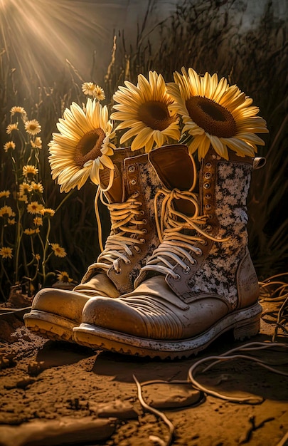 Generatywna ilustracja AI przedstawiająca buty z recyklingu z kwiatami