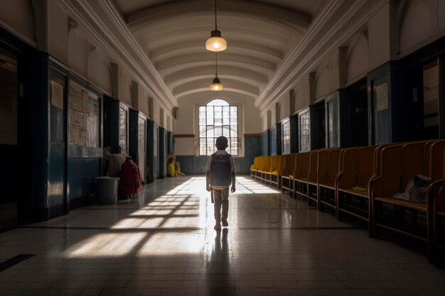 Generatywna ilustracja AI przedstawiająca chłopca samotnie i na plecach z plecakiem wchodzącym do szkolnej klasy