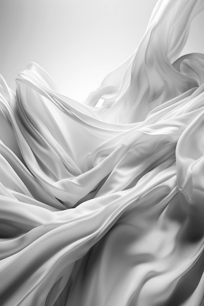 Generatywna ilustracja AI przedstawiająca czystą białą satynową tkaninę unoszącą się w powietrzu z góry z ruchem na białym tle