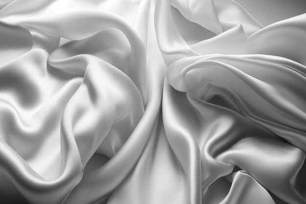Generatywna ilustracja AI przedstawiająca czystą białą satynową tkaninę unoszącą się w powietrzu z góry z ruchem na białym tle
