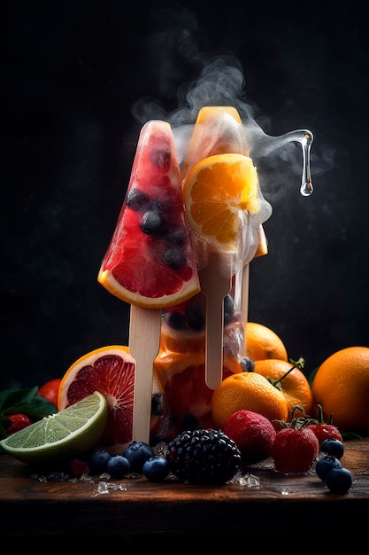 Generatywna Ilustracja Ai Przedstawiająca Domowe Naturalne Lody Owocowe Popsicles