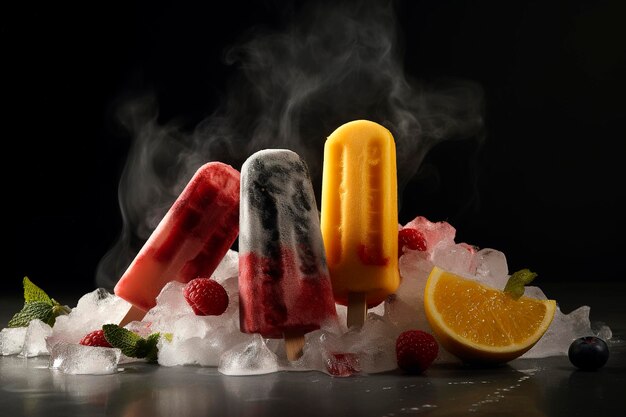 Zdjęcie generatywna ilustracja ai przedstawiająca domowe naturalne lody owocowe popsicles