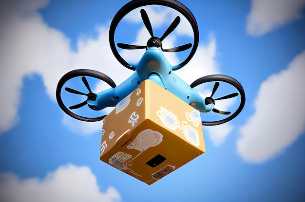 Generatywna ilustracja AI przedstawiająca drona Parcel lecącego po niebie dostarczającego paczkę