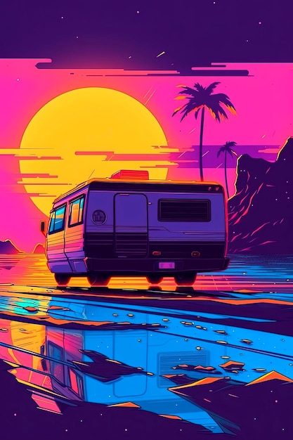 Zdjęcie generatywna ilustracja ai przedstawiająca furgonetkę siedzącą przy plaży o zachodzie słońca w stylu retrowave