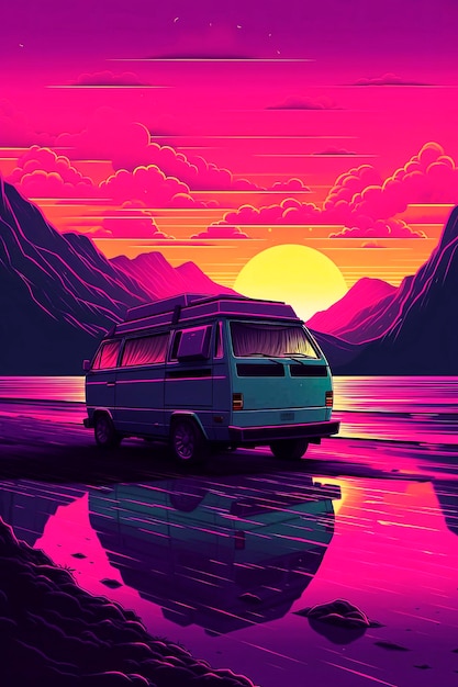 Generatywna ilustracja AI przedstawiająca furgonetkę siedzącą przy plaży o zachodzie słońca w stylu retrowave