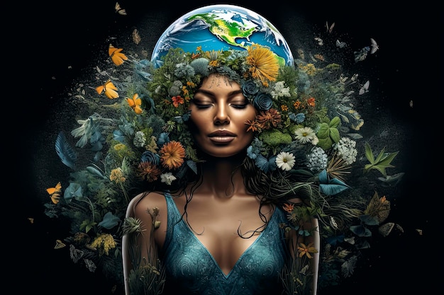Generatywna ilustracja AI przedstawiająca głowę pięknej kobiety otoczonej roślinami i zieloną przyrodą na planecie Ziemia Reprezentująca ekologię i zrównoważony rozwój w celu ratowania planety