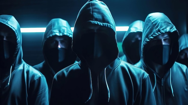 Generatywna ilustracja AI przedstawiająca grupę anonimowych hakerów lub prześladowców w czarnym kapturze i ubraniach na ciemnym tle