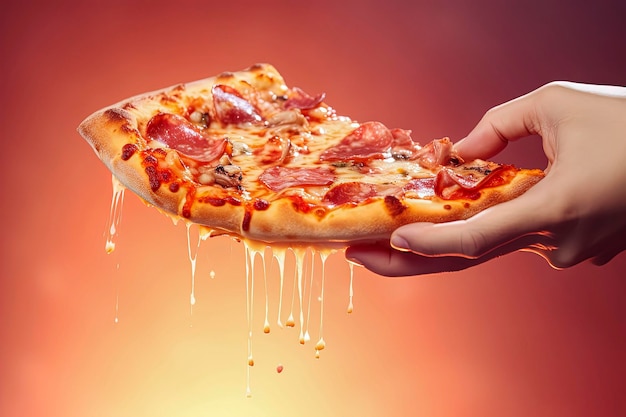 Generatywna ilustracja AI przedstawiająca kawałek pizzy z roztopionym serem trzymanym jedną ręką na kolorowym tle
