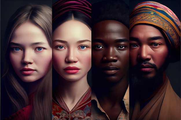Zdjęcie generatywna ilustracja ai przedstawiająca ludzi z wielu grup etnicznych w różnym wieku patrzących na aparat portrety ze strzałem w głowę