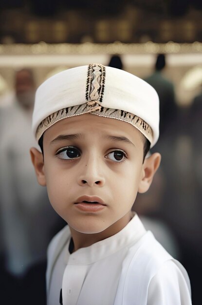 Generatywna ilustracja AI przedstawiająca małego muzułmańskiego chłopca bawiącego się w muzułmańskim stylu w arabskim meczecie z promieniami światła wpadającymi przez okno