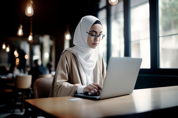 Generatywna ilustracja AI przedstawiająca młodą muzułmańską kobietę w hidżabie pracującą w biurze z komputerem Koncepcja kobiety pracującej
