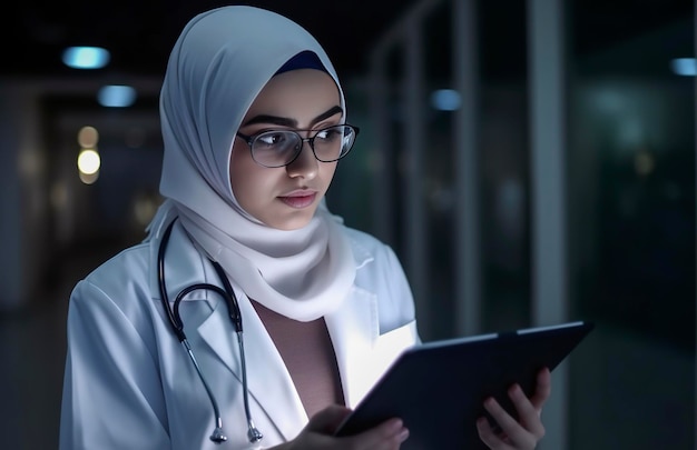 Generatywna ilustracja AI przedstawiająca młodą muzułmańską lekarkę ze stetoskopem hidżabu i mundurem roboczym