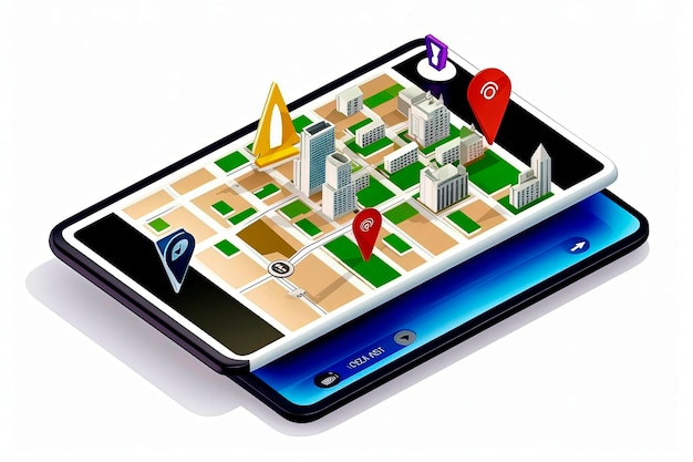 Generatywna ilustracja AI przedstawiająca nawigację po trasie na mapie miasta online na smartfonie z lokalizatorem punktów Izometryczny plan miasta z drogą i budynkami