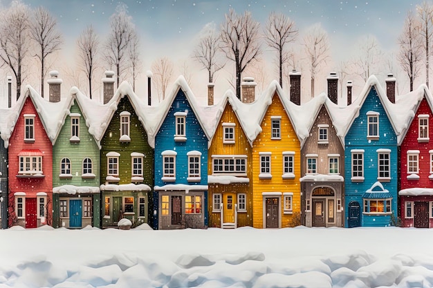 Generatywna ilustracja AI przedstawiająca nordyckie domy w śnieżny dzieńMinimalistyczny styl ilustracjiSztuka cyfrowa