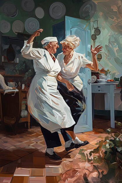 Generatywna ilustracja AI przedstawiająca parę starych ludzi tańczących i cieszących się życiem w kuchni