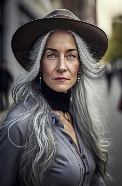 Generatywna ilustracja AI przedstawiająca piękną 60-letnią kobietę o siwych włosach na ulicach Nowego Jorku