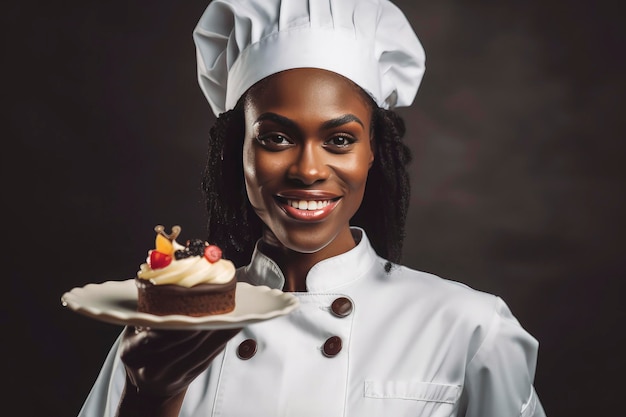 Generatywna ilustracja AI przedstawiająca piękną czarną młodą kobietę przebraną za kucharza pokazującą jedzenie w dłoni