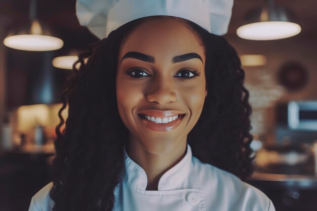 Generatywna ilustracja AI przedstawiająca piękną czarną młodą kobietę przebraną za kucharza pokazującą jedzenie w dłoni