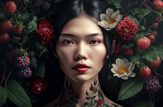 Generatywna ilustracja AI przedstawiająca piękną kobietę z kwiatami