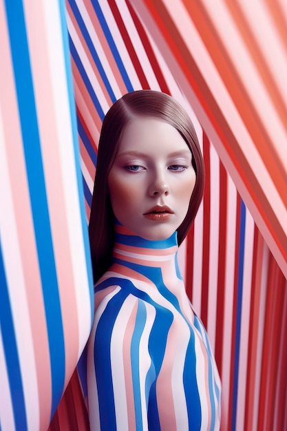 Generatywna ilustracja AI przedstawiająca piękną młodą kobietę w różowe i niebieskie paski z długimi włosami, patrzącą z przodu