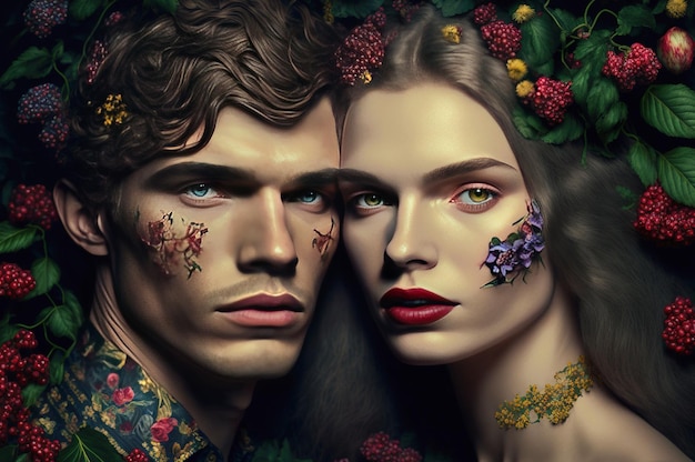 Generatywna ilustracja AI przedstawiająca piękną parę z kwiatami