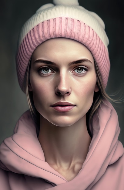 Generatywna ilustracja AI przedstawiająca portret bardzo ładnej młodej dziewczyny z różowym kapeluszem