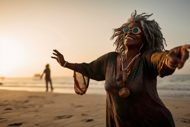 Generatywna ilustracja AI przedstawiająca portret szczęśliwej starszej hipisowskiej czarnej kobiety tańczącej na plaży w świetle zachodzącego słońca