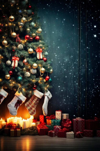 Generatywna ilustracja AI przedstawiająca pudełka na prezenty i skarpetki zawinięte w błyszczący papier pod choinką z nieostrym tłem Koncepcja Bożego Narodzenia