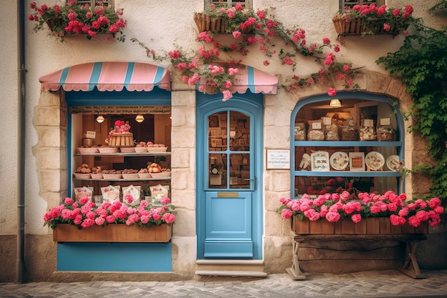 Generatywna ilustracja AI przedstawiająca romantyczną różową fasadę z różami przy drzwiach