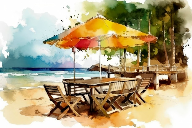Generatywna ilustracja AI przedstawiająca samotny parasol na plaży ze stołem na piasku i dwoma krzesłami
