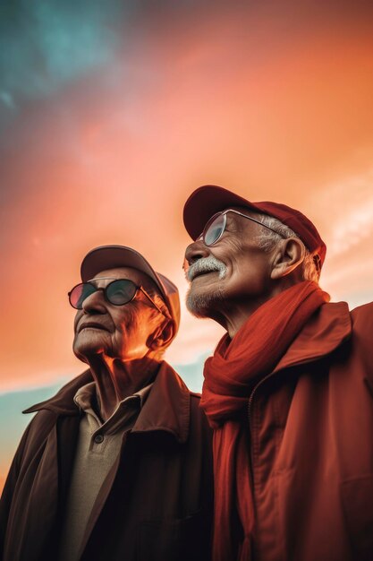 Generatywna ilustracja AI przedstawiająca starą, zakochaną parę gejów na wakacjach w świetle zachodu słońca