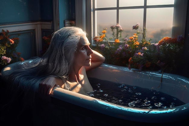 Generatywna ilustracja AI przedstawiająca starszą babcię z długimi siwymi włosami w łazience z kwiatami