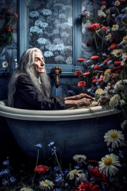 Generatywna ilustracja AI przedstawiająca starszą babcię z długimi siwymi włosami w łazience z kwiatami