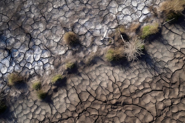 Generatywna ilustracja AI przedstawiająca suche bagno z popękaną ziemią z powodu suszy wynikającej ze zmian klimatu