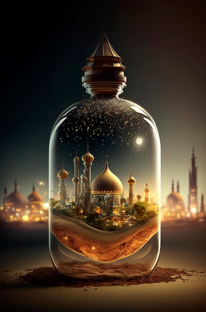 Generatywna ilustracja AI przedstawiająca święte miasto Mekkę nocą w szklanym słoju