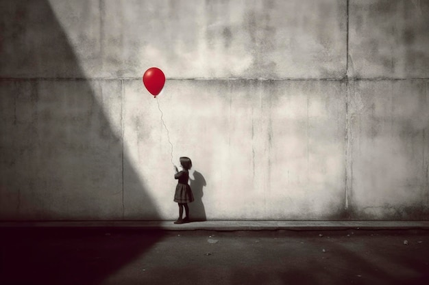 Generatywna ilustracja AI przedstawiająca sylwetkę dziewczyny trzymającej czerwony balonik
