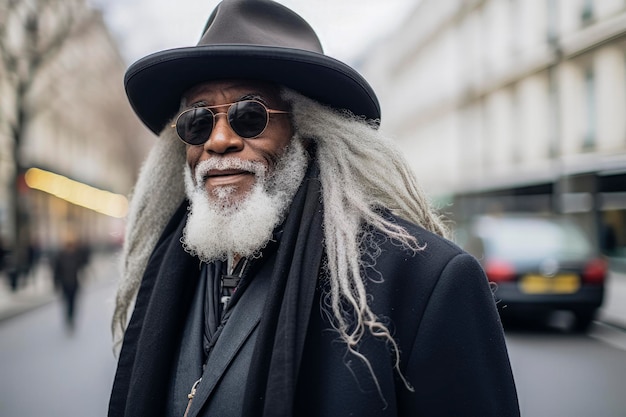 Generatywna ilustracja AI przedstawiająca szczęśliwego starego czarnego człowieka z dredami i szarymi włosami, okularami przeciwsłonecznymi i kapeluszem ubranym elegancko spacerującym ulicami miasta zimą Moda
