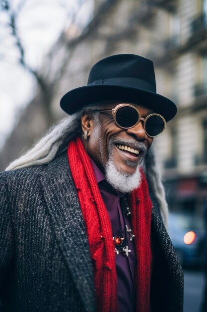 Generatywna ilustracja AI przedstawiająca szczęśliwego starego czarnego człowieka z dredami i szarymi włosami, okularami przeciwsłonecznymi i kapeluszem ubranym elegancko spacerującym ulicami miasta zimą Moda