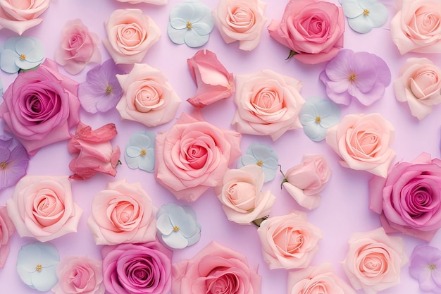Generatywna ilustracja AI przedstawiająca tło pastelowych kolorów różowych kwiatów z delikatnymi płatkami widzianymi z góry z miejsca na kopię