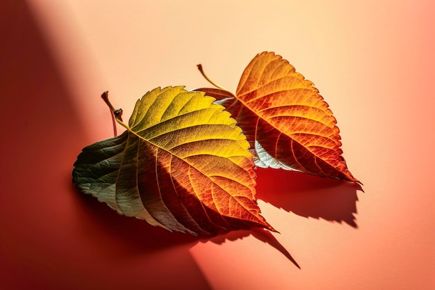 Generatywna ilustracja AI przedstawiająca tło z jesiennymi kolorowymi liśćmi oświetlonymi promieniami światła słonecznego