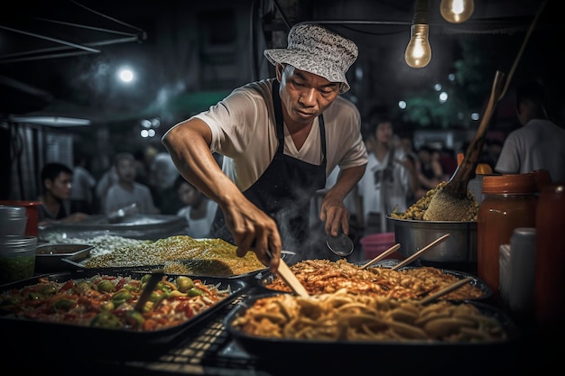 Generatywna ilustracja AI przedstawiająca ulicznego szefa kuchni w Bangkoku w Tajlandii przygotowuje danie dla zadowolonych klientów na nocnym targu