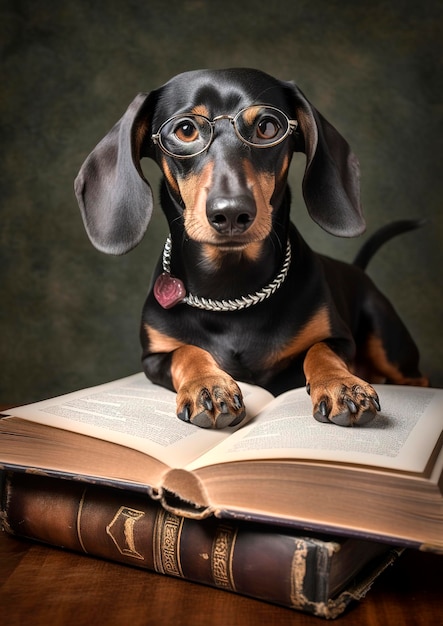 Generatywna ilustracja AI przedstawiająca uroczego psa jamnika w okularach i książkę uczącą się w szkole