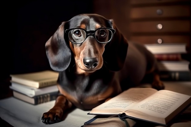 Generatywna ilustracja AI przedstawiająca uroczego psa jamnika w okularach i książkę uczącą się w szkole