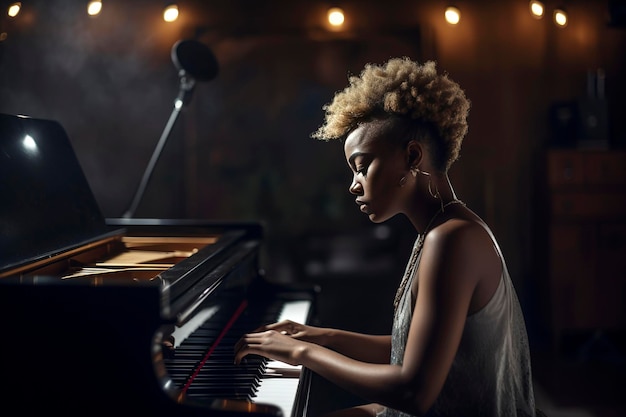 Generatywna ilustracja AI przedstawiająca wspaniałą czarną kobietę z niebieskimi włosami afro śpiewającą i grającą na pianinie w studioSigner performig