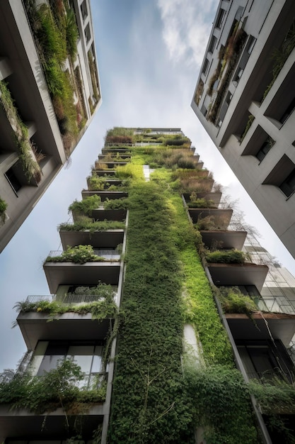 Zdjęcie generatywna ilustracja ai przedstawiająca zrównoważony budynek z pionowym ogrodem wykonanym z materiału pochodzącego z recyklingu