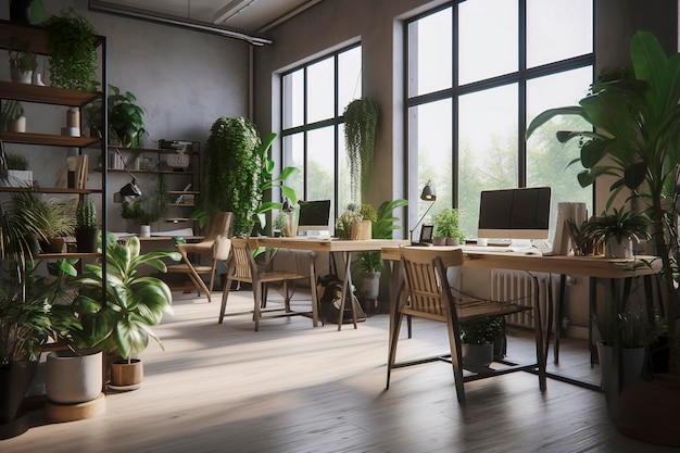 Generatywna ilustracja AI skandynawskiej przestrzeni biurowej z naturalnym światłem ze szklanymi ścianami, drewnianą podłogą i drewnianymi meblami z recyklingu