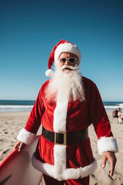 Generatywna ilustracja AI Świętego Mikołaja w okularach przeciwsłonecznych surfujących na plaży w słoneczny dzień koncepcja Bożego Narodzenia