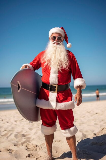 Generatywna ilustracja AI Świętego Mikołaja w okularach przeciwsłonecznych surfujących na plaży w słoneczny dzień koncepcja Bożego Narodzenia