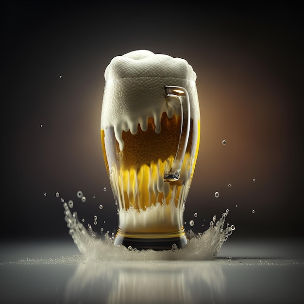 Generatywna ilustracja AI sztuki koncepcyjnej 3d super schłodzone piwo z beczki szklanka z pianką spływającą w dół