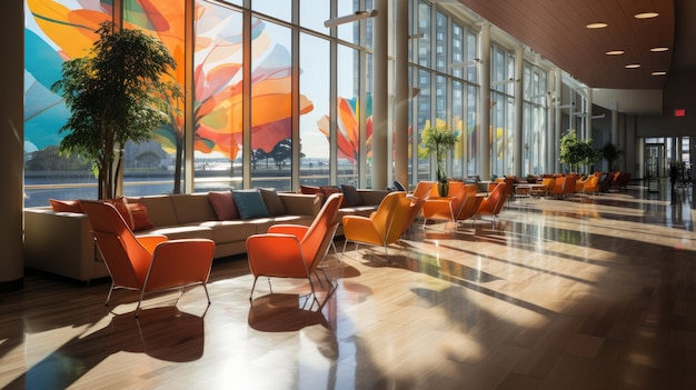 Generatywna ilustracja nowoczesnej przestrzeni salonu lotniska z elegancką